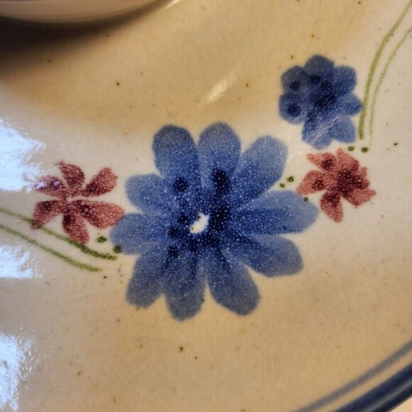 Handcrafted Stoneware Pottery Floral Chip & Dip Bowl Blue Ivory Signed Glazed - Picture 6 of 10
